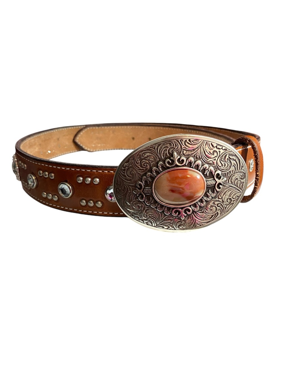 Brown Leather Studded Belt Silver “Agate” Buckle Appaloosa